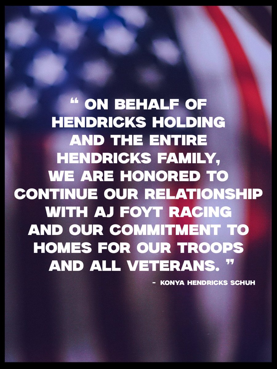 AJFoytRacing's tweet photo. Following yesterday’s announcement of our multi-year agreement with Hendricks Holding, we’re proud to continue a relationship that goes far beyond the racetrack.
Together, we remain committed to supporting Homes For Our Troops, our Veterans and the values that have made this partnership so meaningful.