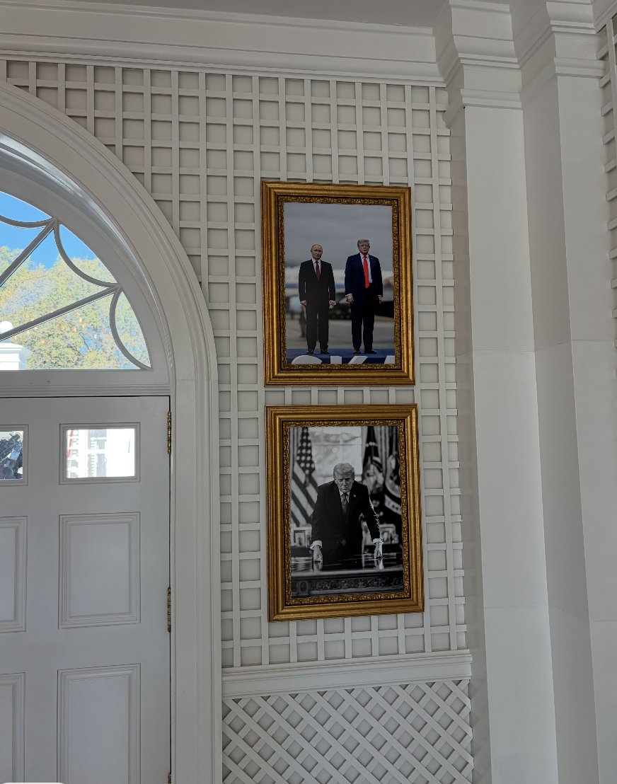 JaxAlemany's tweet photo. White House's Palm Room doors now lined with photos of Trump standing alongside Putin &amp; Xi: https://t.co/VgIuyxAgZY
