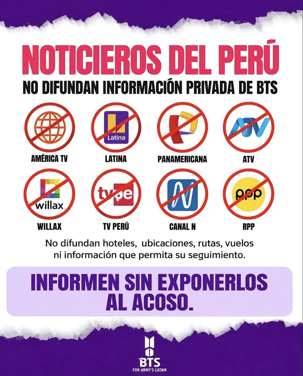 Jeanmark_04's tweet photo. COPIA Y PEGA ‼️

ARMY PERU RESPETA LA PRIVACIDAD DE BTS 🇵🇪

- NO IRÁ AL AEROPUERTO
- NO IRÁ A SU HOSPEDAJE
- NO PERSIGUE POR LA CALLE
- NO APOYA PRENSA QUE PERSIGA A BTS

#BTSEnPeru @Latina_pe @americatv_peru @atv_noticias @willaxtv @PanamericanaTV https://t.co/5MKVQ3hzyS