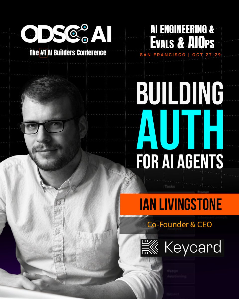 _odsc's tweet photo. AI agents can only be truly autonomous if they have the authority to act and that authority is tightly controlled.

At ODSC AI West 2026, @ianlivingstone, Co-Founder & CEO of @KeycardAI, will present “Autonomy Requires Authority: Building Auth for AI Agents.”

Ian brings 15+ years of experience across developer tools, security infrastructure, and platform engineering, including previous roles at Snyk and Salesforce. At Keycard, his work focuses on trusted, autonomous agents and the infrastructure needed to let them access tools and services safely.

In this session, he’ll explore the shift from static credentials and inherited permissions toward ephemeral access, delegated authority, runtime context, and attributable agent actions.

Join Ian at ODSC AI West 2026: https://t.co/V6VhBRehp9