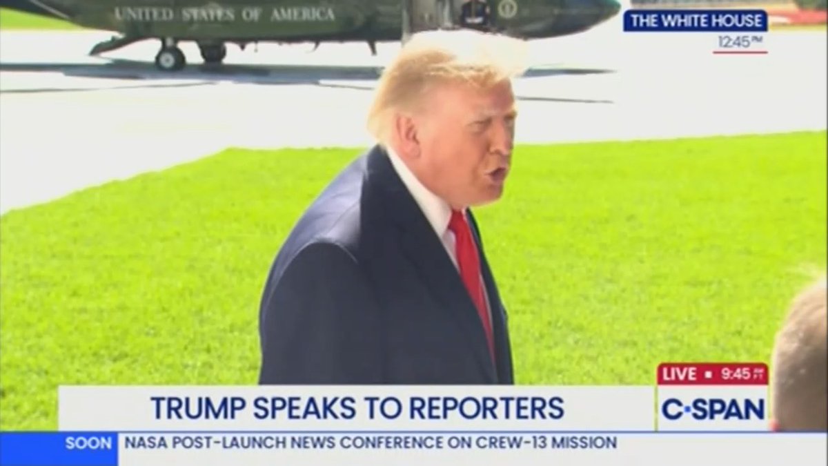 A C-SPAN broadcast shows Trump speaking to reporters on the White House lawn at 9:45 PM, with Marine One visible in the background and an on-screen chyron reading "TRUMP SPEAKS TO REPORTERS." A ticker at the bottom promotes an upcoming NASA post-launch news conference for the Crew-13 mission, while Trump touts that costs have decreased and his administration has performed well, despite struggling to communicate its successes to the public.