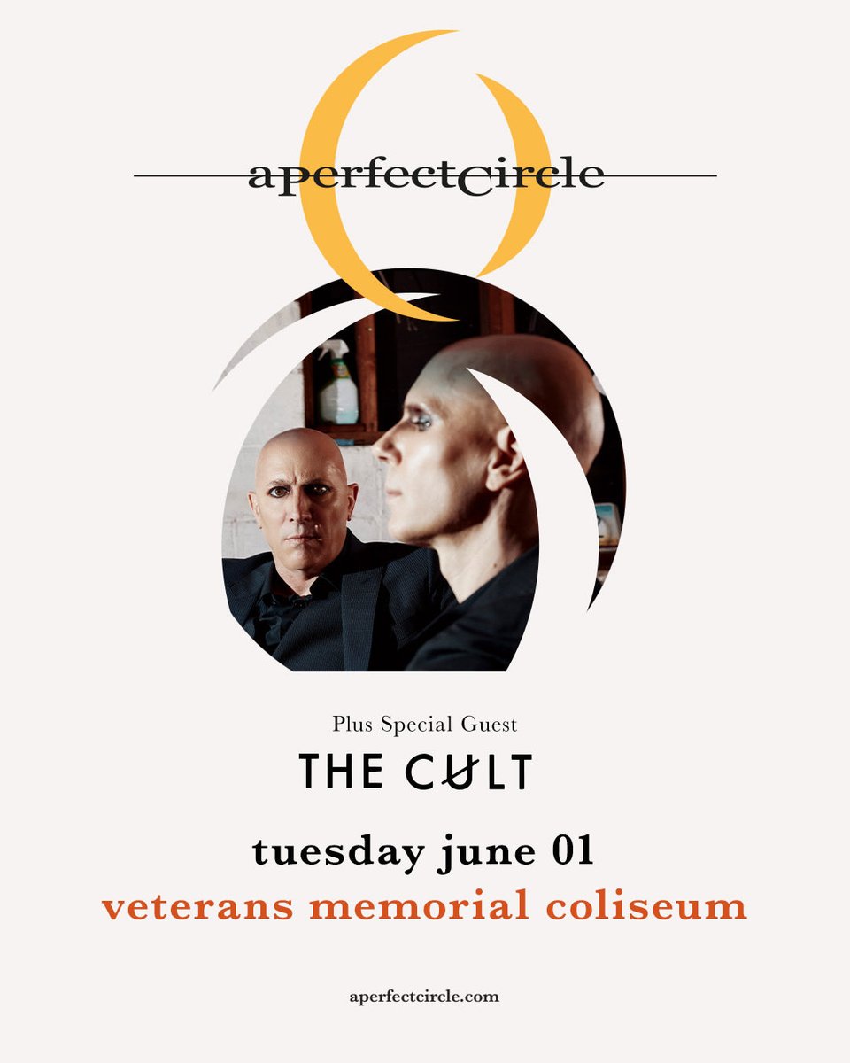 ModaCenter's tweet photo. 🟡 PRESALE 🟡 A Perfect Circle is coming to Veterans Memorial Coliseum on June 1, 2027! Just follow the link below 👇 and use code RQAPC27 to secure your presale tickets! 

🎟️: https://t.co/BfQDMfftMa https://t.co/bOo53KO9Zu