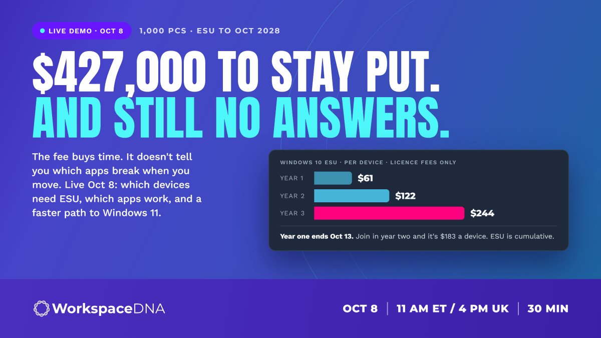 WorkspaceDNA's tweet photo. Windows 10 ESU year one closes Oct 13.

Join later and you pay for it anyway. Here's how to not need year three.

→ https://t.co/MH9QpWBMA3 https://t.co/iE6TQ2K0iR