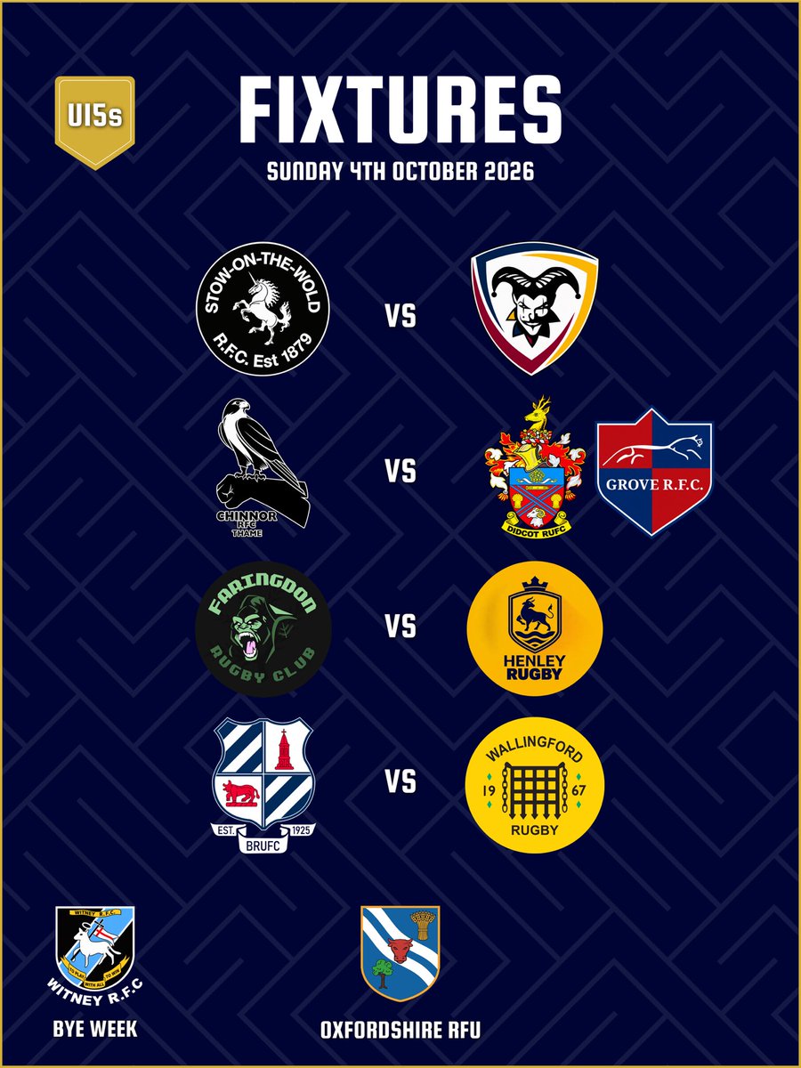 OxfordshireRFU's tweet photo. 𝗨𝟭𝟱 𝗟𝗲𝗮𝗴𝘂𝗲 | 𝗪𝗲𝗲𝗸 𝟮 🏉

The Oxfordshire U15 League continues this Sunday.

Stow-on-the-Wold vs Oxford Harlequins Chinnor vs Didcot &amp; Grove Faringdon vs Henley Banbury vs Wallingford

Bye Week - Witney

#Rugby #CountyRugby #RFU #EnglandRugby https://t.co/TsojzpSaUi