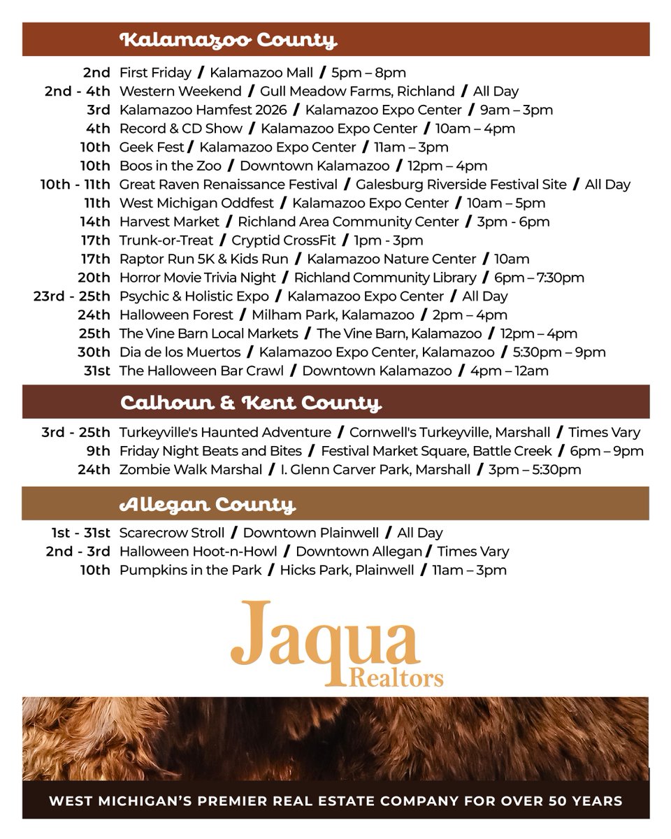 SgtMerryweather's tweet photo. Many fun events are happening across West Michigan this October. Learn more about what's happening in your area by subscribing to Jaqua Realtor's monthly events calendar!

#barrycountyrealestate #hastingsmi #michiganrealestate https://t.co/PqQiQlvShI