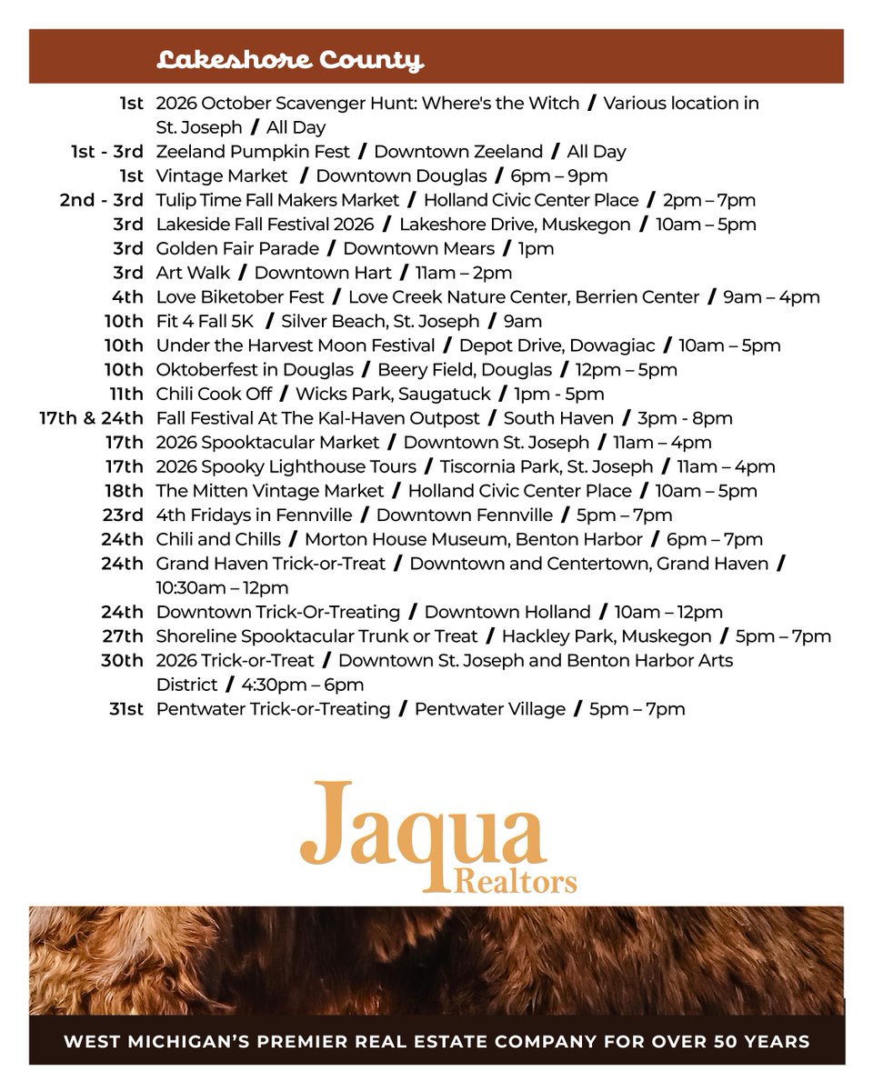 SgtMerryweather's tweet photo. Many fun events are happening across West Michigan this October. Learn more about what's happening in your area by subscribing to Jaqua Realtor's monthly events calendar!

#barrycountyrealestate #hastingsmi #michiganrealestate https://t.co/PqQiQlvShI