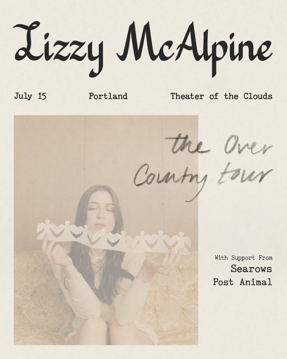 ModaCenter's tweet photo. 🪽 PRESALE 🪽 Lizzy McAlpine is coming to Theater of the Clouds on July 15, 2027! Just follow the link below 👇 and use code OVERCOUNTRY to secure your presale tickets!

🎟️: https://t.co/z5kcce804E https://t.co/UDzBPpUpVt