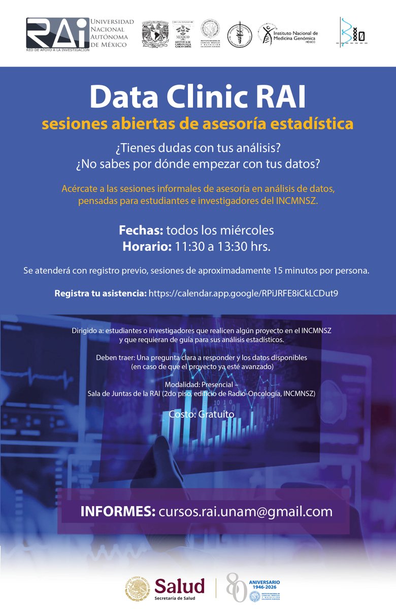 incmnszmx's tweet photo. Acércate a las sesiones informales de asesoría en análisis de datos, pensadas para estudiantes e investigadores del INCMNSZ.
Todos los miércoles
Horario: 11:30 a 13:30 horas
Registra tu asistencia: https://t.co/MHcOxbmvKl https://t.co/ROLhv955Bk