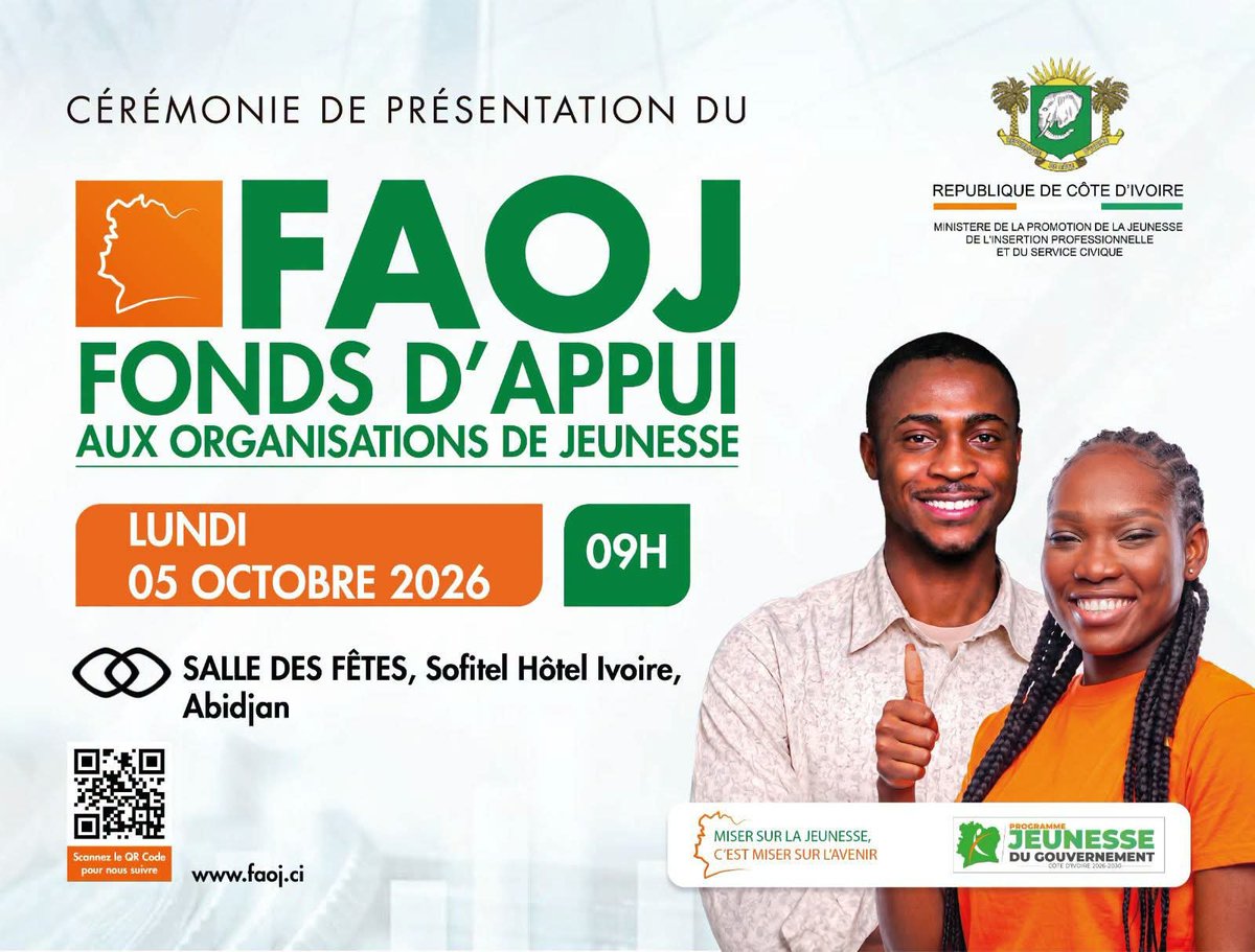 mpjipsc's tweet photo. 𝗖𝗛𝗔𝗡𝗚𝗘𝗠𝗘𝗡𝗧 𝗗𝗘 𝗗𝗔𝗧𝗘 ! 

Le rendez-vous est décalé au lundi 5 octobre 2026 à 9𝙝. Le Fonds d'Appui aux Organisations de Jeunesse (𝙁𝘼𝙊𝙅) vous donne rendez-vous au Sofitel Hôtel Ivoire. 

Jeunes, associations, leaders : on se retrouve lundi !

#FAOJ #fonds https://t.co/iUTvx9Crt7