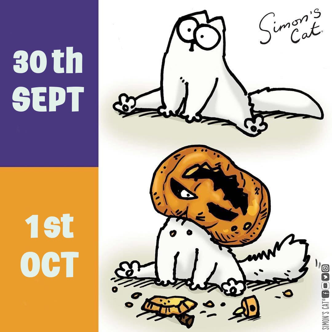 SimonsCat's tweet photo. Welcome to spooky season!🍂👻 Happy October 🎃 https://t.co/2UJlHhTz9o