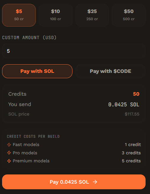 MintMyCode's tweet photo. $CODE is now supported as a payment method for credits.

You can top up with SOL or use $CODE directly. https://t.co/WMTHb9h7p0