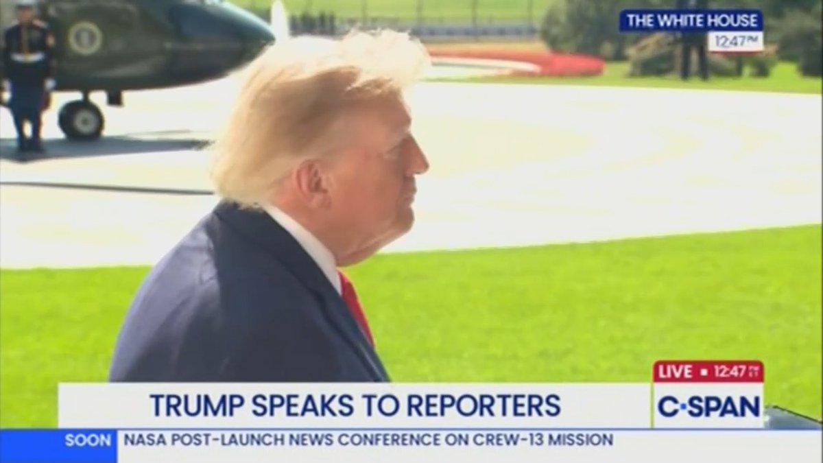 The image shows a side profile of Donald Trump speaking outdoors on what appears to be the White House lawn, with a presidential helicopter visible in the background and a military officer saluting. The C-SPAN broadcast displays "THE WHITE HOUSE" with a time stamp of 12:47 PM, a chyron reading "TRUMP SPEAKS TO REPORTERS," and a ticker announcing "SOON: NASA POST-LAUNCH NEWS CONFERENCE ON CREW-13 MISSION," fitting his quoted statement about winning the Texas midterm election.