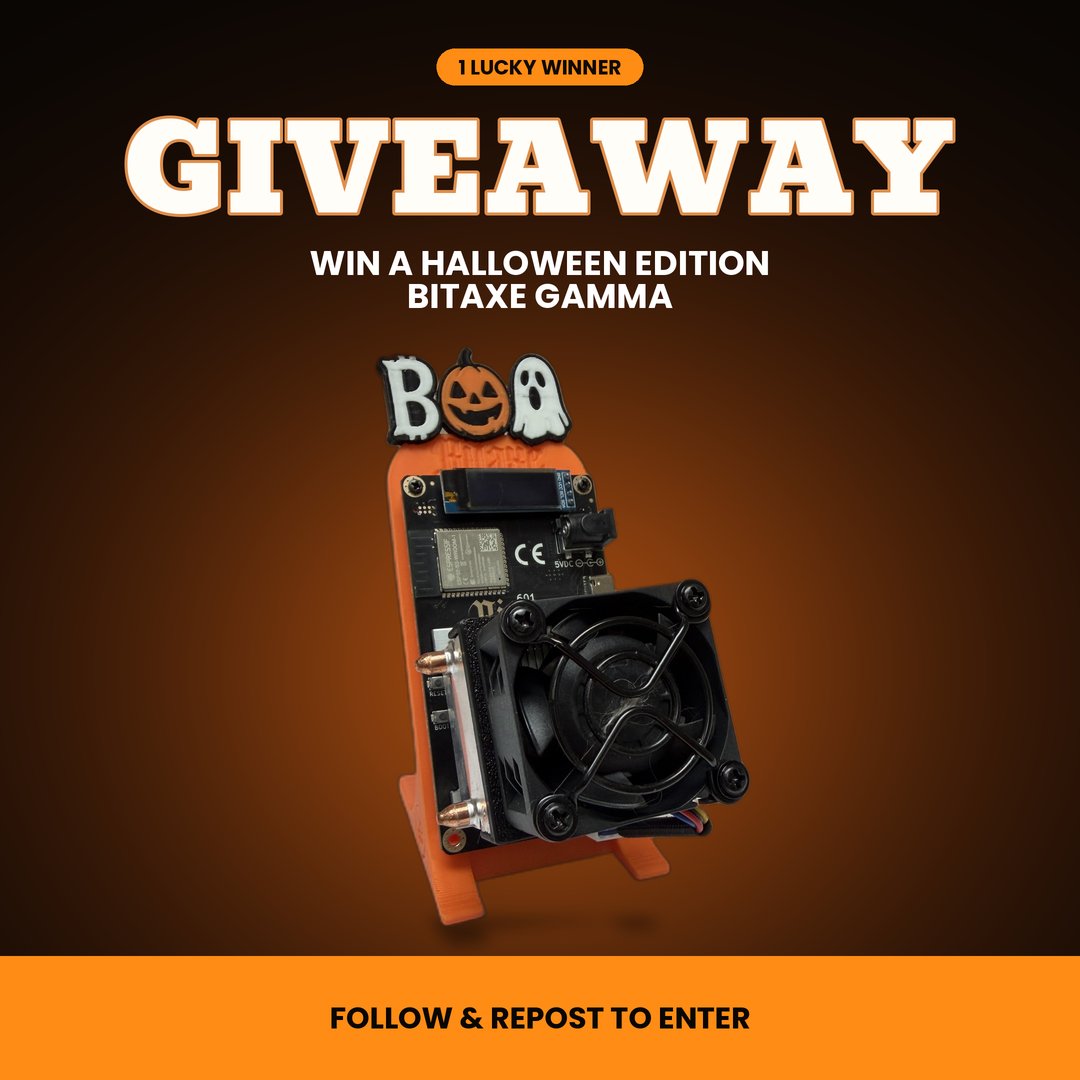 BitcoinMerchCom's tweet photo. 🎃NEW October Giveaway - Halloween Edition Bitaxe Gamma (1.5TH/s)

To Enter:
1) Follow @BitcoinMerchCom 
2) Like this post
3) Repost

Bonus: Tag 2 friends with 👻 in the comments below.

Giveaway ends 10/8 - winner chosen 10/9

Happy halloween! https://t.co/AlhdZ6YqSR