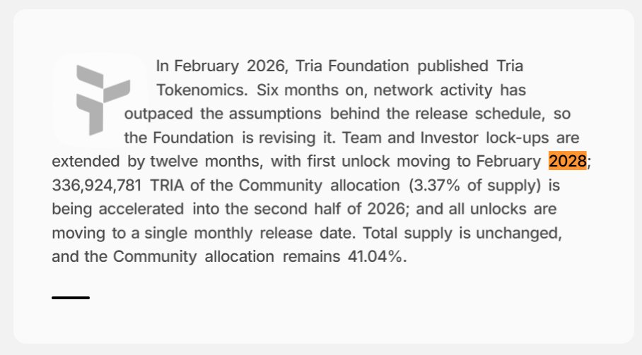 0xTurtleC's tweet photo. TOPIC: Tria (ethereum:0x228bec415ade4b61d7caf0adf8c91eac587ba369)

The more I researched Tria, the less I cared about the card.

The real bet is whether a consumer crypto app can become the distribution layer for an infrastructure network.

Tria already lets users spend, trade, earn, use futures and move assets across chains.

Underneath all of that sits BestPath, an intent-routing layer that Tria says coordinates execution across 70+ protocols.

Card top-ups, cross-chain swaps and payments can all become flows for the same infrastructure.

And that's what makes Tria interesting to me.

Most infra projects build the rails first and then spend years looking for users.

Tria is trying the opposite.

Build the users first.

Let the consumer product generate demand for BestPath.

Then open that infrastructure to everyone else.

If that works, Tria is no longer just another crypto card or neobank.

It becomes a distribution engine sitting on top of a chain-agnostic financial network.

And the team is still shipping.

XRPL support went live on Sep 28.

Top Traders went live on Sep 29.

At KBW2026, Tria showed up as a Diamond Sponsor while Upbit was the Presenting Partner.

That is NOT an Upbit partnership or listing signal.

But it does tell me where Tria is trying to go next: Korea, institutions and third-party distribution.

Now comes the uncomfortable part.

ethereum:0x228bec415ade4b61d7caf0adf8c91eac587ba369 is still roughly 92% below ATH.

CMC currently puts it around an $11.7M market cap and ~$40.9M FDV.

Tria publicly raised $12M.

At first glance that looks absurdly cheap.

I don't think it's that simple.

In August, Tria extended the Team and Investor cliff by another year.

Their first unlock is now February 2028.

That's a good signal.

But at the same time, 336.9M Community TRIA was pulled forward from 2027-2028 into H2 2026.

233.5M TRIA was scheduled for release on Sep 30 alone.

And this is the anomaly I care about most.

Tria's own revised schedule says supply remains at 54.47% until January 2028.

CMC currently counts only 28.54% as circulating.

That is a massive gap.

It could be reward reserves, treasury, staking, ecosystem contracts, liquidity inventory or tokens that are released but not actually liquid yet.

It does NOT automatically mean hidden sell pressure.

But until those wallets are reconciled, I won't treat the $11M market cap as a clean picture of TRIA's real float.

Then there is adoption.

Tria is aggressive with cashback, points, referrals, loyalty rewards and ecosystem incentives.

Again, that isn't automatically bad.

Subsidizing growth is how many networks solve the cold-start problem.

The question is what remains when the subsidies fall.

Because there are two very different versions of the Tria story.

The bullish version:

Consumer users create real BestPath flow.

External apps start using the infrastructure.

Pathfinders, settlement and staking create real demand for TRIA.

Fees and network activity finally give the token measurable value capture.

The darker version:

Token incentives create activity.

Activity creates impressive metrics.

Those metrics create more attention.

But external BestPath demand stays weak and emissions remain the engine keeping growth alive.

That is the part the market has not answered yet.

My view today is pretty simple.

Tria the product is stronger than TRIA the token.

I think the team is building.

I think the consumer product is real.

I think BestPath is technically interesting.

And I think the current valuation is compressed enough to deserve serious research.

But I still need four things before raising conviction:

Clean supply reconciliation.

External BestPath adoption.

Organic retention after incentives.

Measurable value capture for ethereum:0x228bec415ade4b61d7caf0adf8c91eac587ba369.

Research-worthiness: 8/10.

Token conviction: still around 6/10.

The interesting thesis isn't:

“TRIA is down 92%, so it must be cheap.”

It's this:

What if the market has priced the token like a failed project while the project itself is still trying to become something much bigger?

That's the gap I'm watching.

NFA. Research first.

#TURTLEC #TRIA