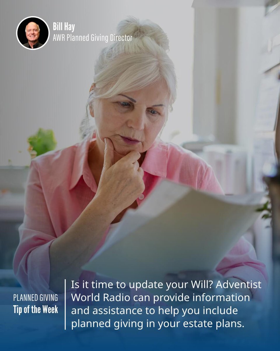 awr360's tweet photo. Is it time to update your Will? Adventist World Radio can provide information and assistance to help you include planned giving in your estate plans. For assistance with planned giving, please contact Bill Hay at hayb@gc.adventist.org or call (720) 839-1133.
#AWR https://t.co/2MZPaCOZDH