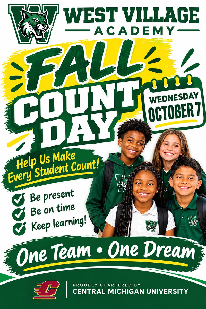 WVAWildcats's tweet photo. 📣 COUNT DAY IS COMING! 🐾💚
Next Wednesday, October 7 is Count Day at West Village Academy! https://t.co/DpkaF215nB