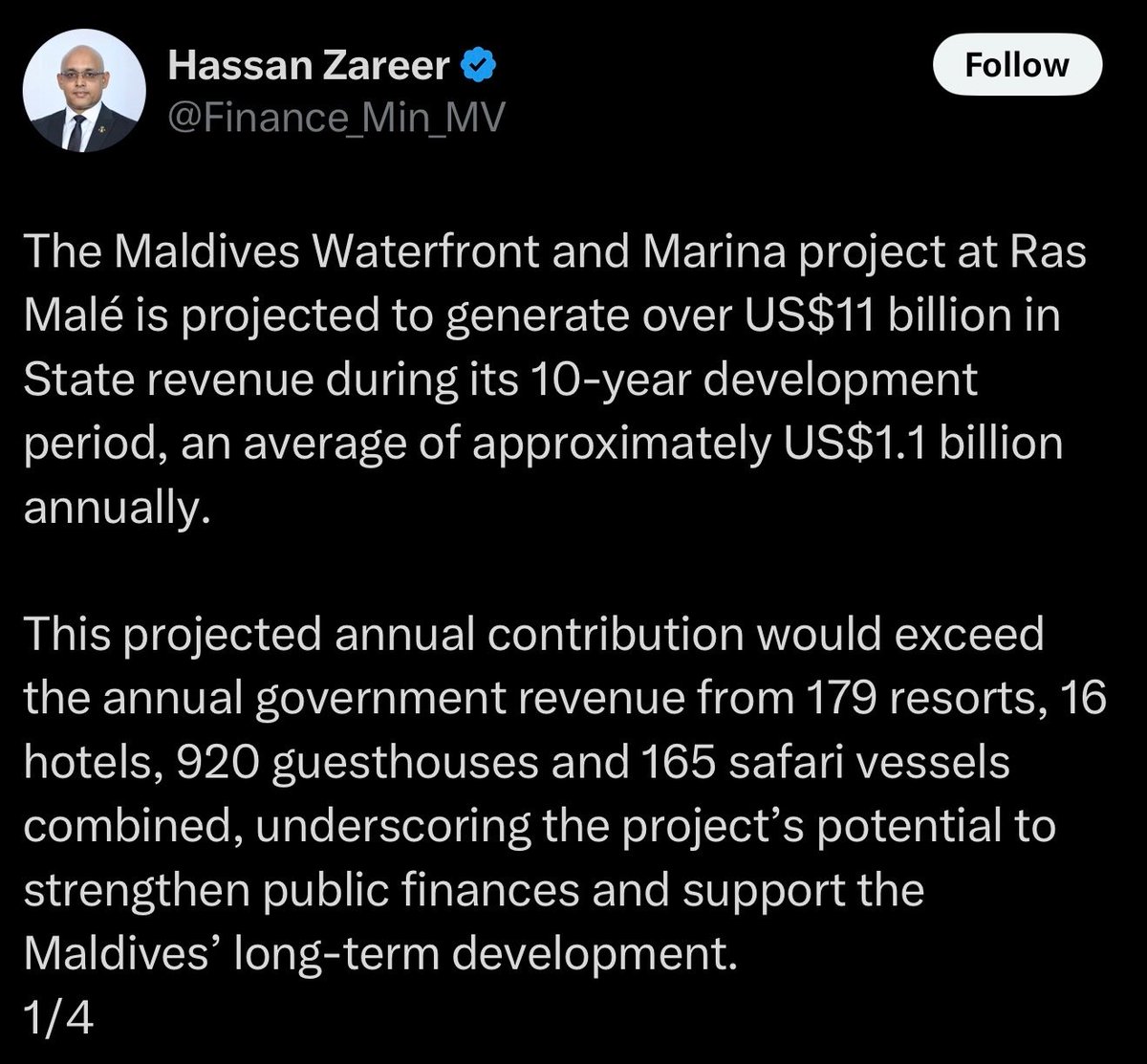 Midhuamsaud's tweet photo. Housing Minister: Rasmale is projected to generate over 3 Billion USD in 10 year development period 

Finance Minister: Rasmale is projected to generate over 11 Billion USD in 10 year development period 

Nothing major, just an USD 8 billion, or MVR 123 billion difference between two Cabinet ministers talking about the same project.