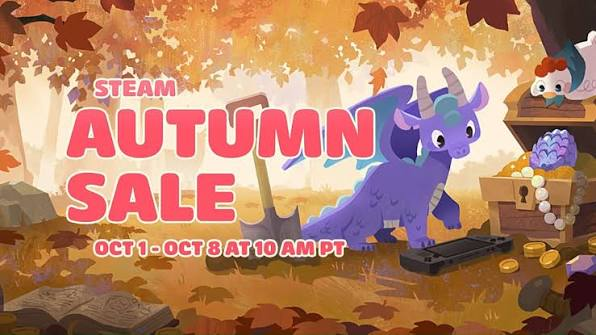 A promotional graphic for the Steam Autumn Sale features a cute purple dragon surrounded by autumn leaves, gold coins, and a treasure chest, with bold text reading "STEAM AUTUMN SALE — OCT 1 - OCT 8 AT 10 AM PT" announcing the event's start and duration.
