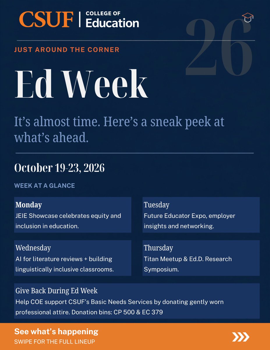 csufcoe's tweet photo. 🎓 Ed Week 2026 is just around the corner! Join the CSUF College of Education Oct. 19–23 for a week of learning, connection, innovation and community. 💙🧡
Check out what’s ahead and save the dates!
#CSUF #CSUFCOE #EdWeek2026 https://t.co/px4TARC1H7