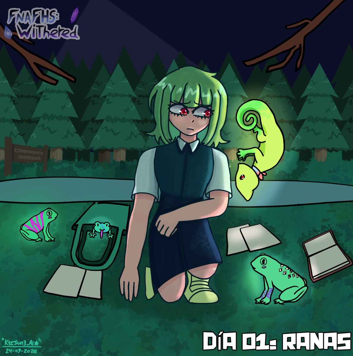 FnafHS_Withered's tweet photo. Día 01: Ranas 
Esta vez subiré los dibujos por aquí porque todos serán canon en el au

Dato: Cami en el dibujo tiene 12 años
#fnafhstober2026 #fnafhs #fhs #FhsWithered #Cami https://t.co/2TjiBSsKW8