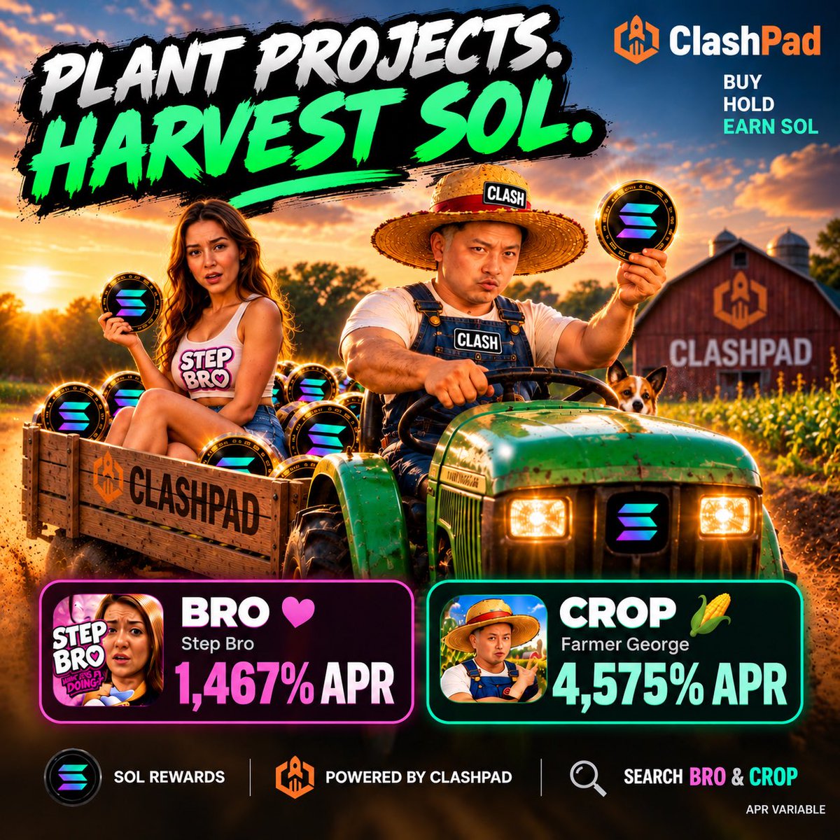 EricOnChain__'s tweet photo. 🌱 Plant projects. Harvest SOL.

My ClashPad projects are generating SOL yield for holders:

🌽 $CROP — 4,575% APR
💗 $BRO — 1,467% APR

Buy. Hold. Earn SOL. ⚡

The APR is variable — but the rewards are real.

Search CROP &amp; BRO on @ClashPadFun 🔥 https://t.co/Cudr2PG1MD