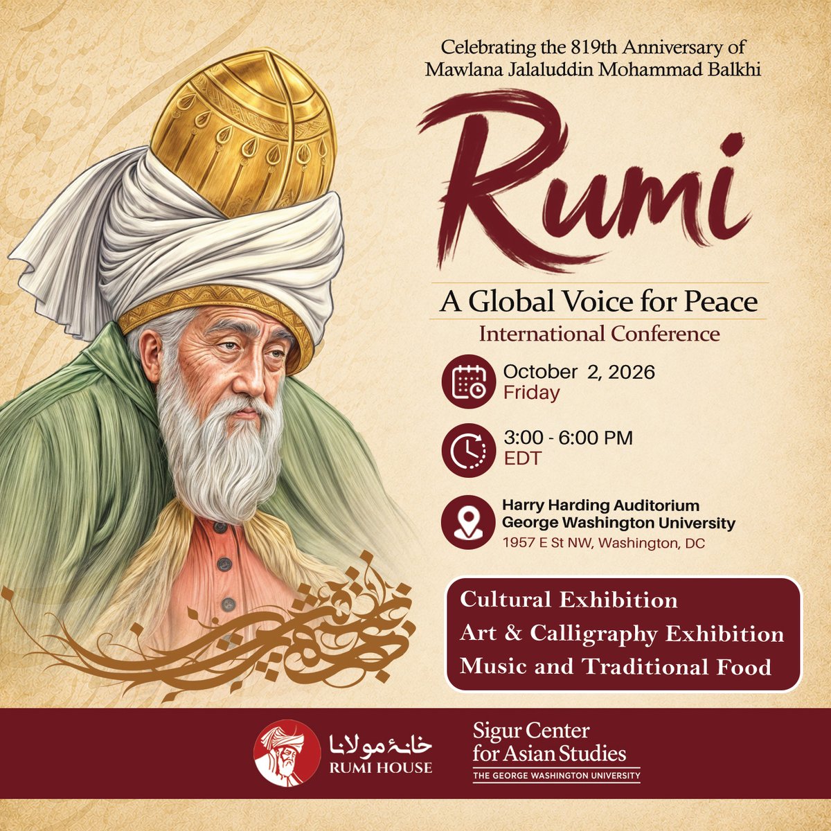 Mirwaisbalkhi1's tweet photo. Honoring Rumi’s global voice for peace. Join our conference at GWU on Oct 2, 3–6 PM. Music • Panel • Art • Poetry • Community #Rumi819 #RumiHouse #GWU https://t.co/I3YjzoWo9T