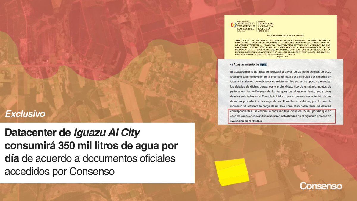 maxtropiero_'s tweet photo. Exclusivo: En Consenso accedimos a documentos oficiales sobre el impacto ambiental del datacenter proyectado en Iguazú AI City.

Utilizará 350 mil litros diarios de agua a ser extraídos en medio de cuencas en estado "crítico". https://t.co/Jhj1Fxzwq7