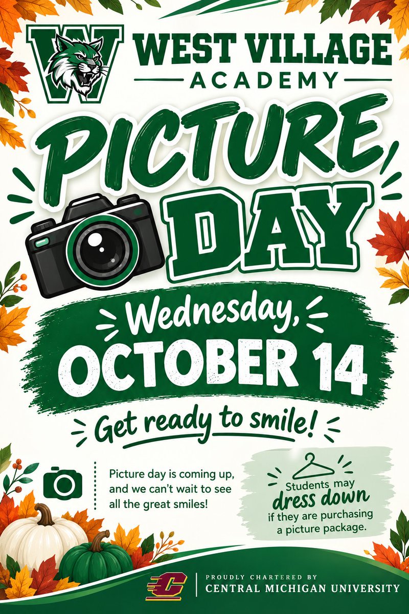 WVAWildcats's tweet photo. 📸 PICTURE DAY IS COMING! 📸
Get those smiles ready, Wildcats! 💚🐾 
Our Fall Picture Day is Wednesday, October 14!
Students who are purchasing a picture package may dress down for picture day. 🍂📸
We can’t wait to capture all those amazing smiles! 💚 #GoWildcats #CMUCharter https://t.co/rsVZbBkax0
