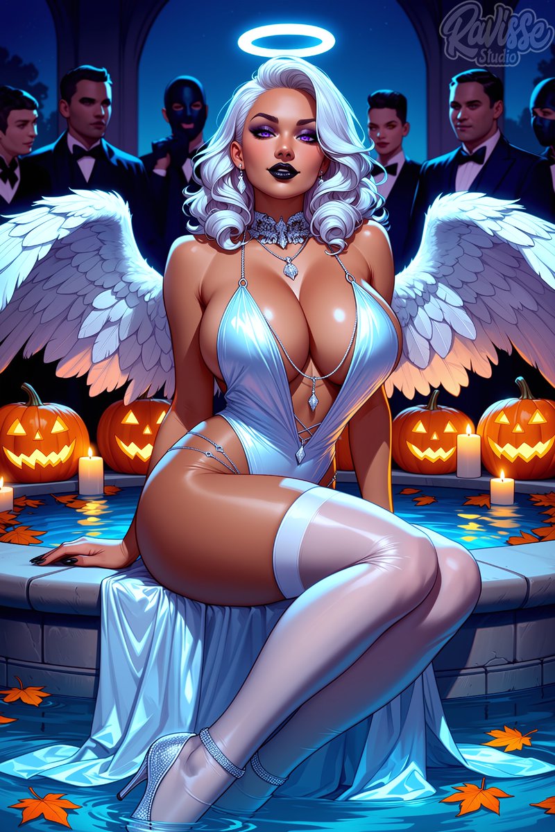 RavisseArt's tweet photo. “Everyone keeps asking what an angel is doing at a party like this. I’m still deciding how much trouble the truth would cause.” 😇🎃

#AngelicBeautySunday x @SimFaces
#SatinSundayAI x @lukejohn1977

#Halloween #Angel #SpookySeason #TreatsTeasesTerrors https://t.co/rnQtQKGHxT