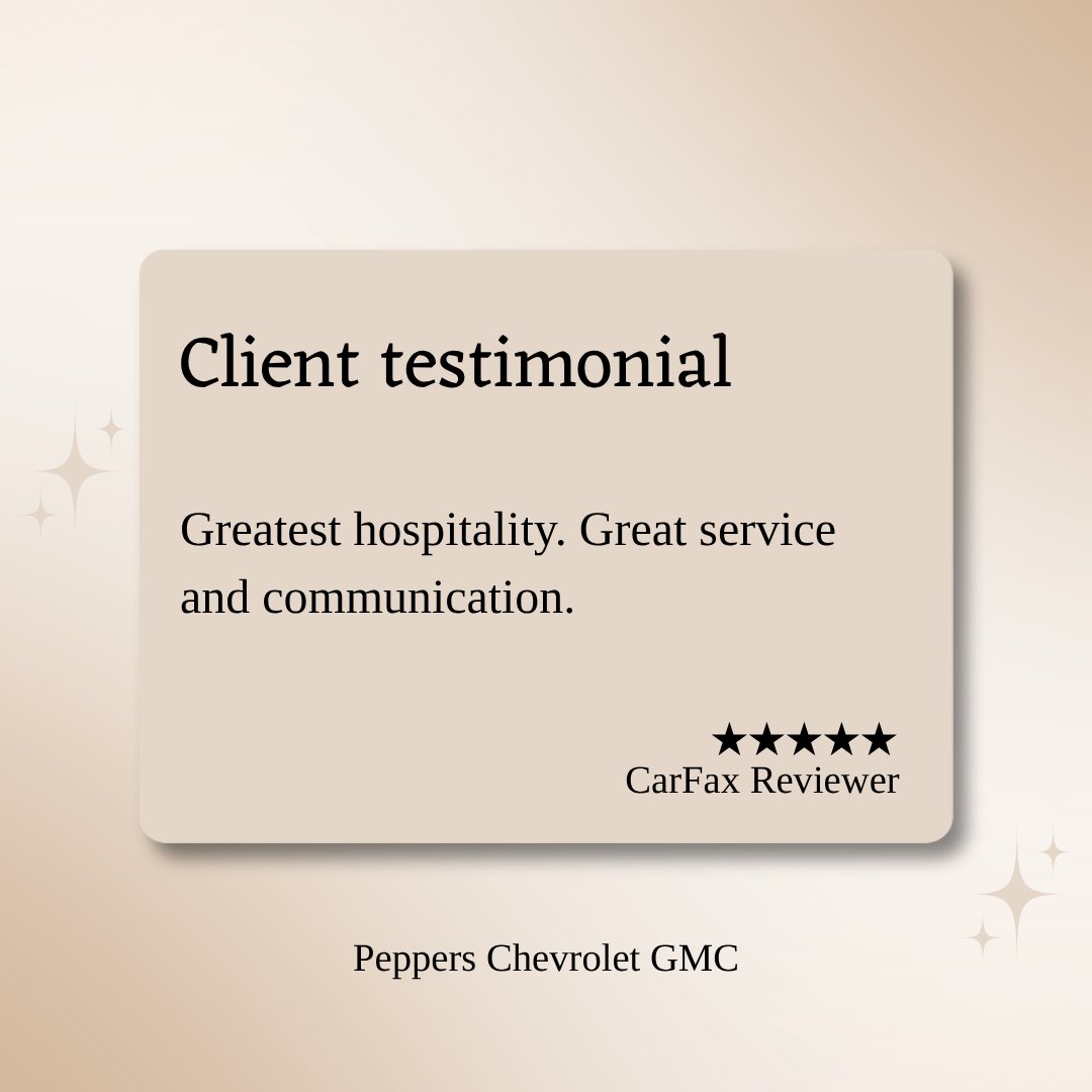 PeppersAuto's tweet photo. Thank you for your review! We're glad to hear you had a positive experience with the hospitality and service at Peppers Chevrolet Buick GMC. We truly appreciate your kind words and look forward to assisting you again in the future! https://t.co/963GCrBuK0