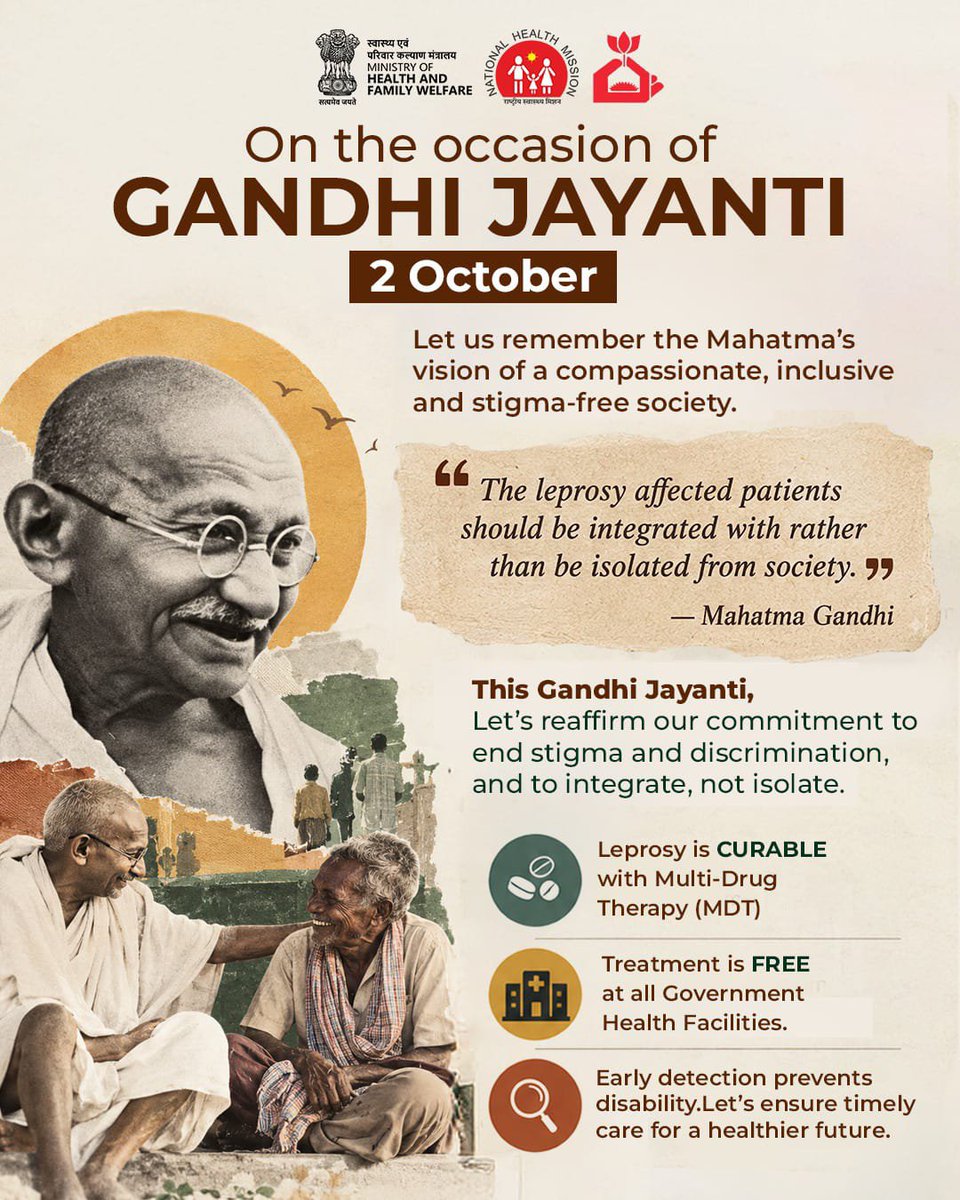 h_kharpas's tweet photo. On Gandhi Jayanti, let’s reaffirm our commitment to a stigma-free society. 🤝

Leprosy is curable, treatment is free, and early detection prevents disability. Let’s integrate, not isolate. 🩺

#GandhiJayanti #LeprosyAwareness #EndStigma #HealthForAll https://t.co/ZQ02gmRmZO