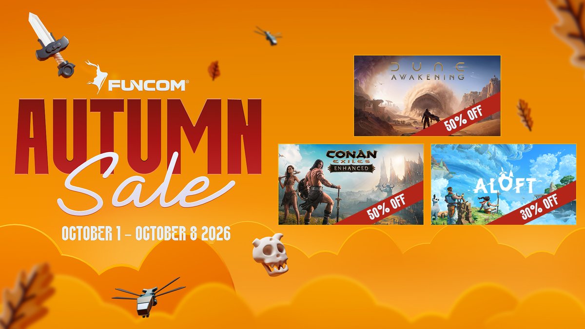 Funcom's tweet photo. It’s time to get warm, cozy… and add a few more games to your Steam backlog. The Steam Autumn Sale is live! 🍂🎮 - https://t.co/f4GY1XHlGl

Check out our catalogue and grab some huge discounts:
🏜️ Dune: Awakening – 50% off
⚔️ Conan Exiles Enhanced – 50% off
☁️ Aloft – 30% off

Happy gaming!