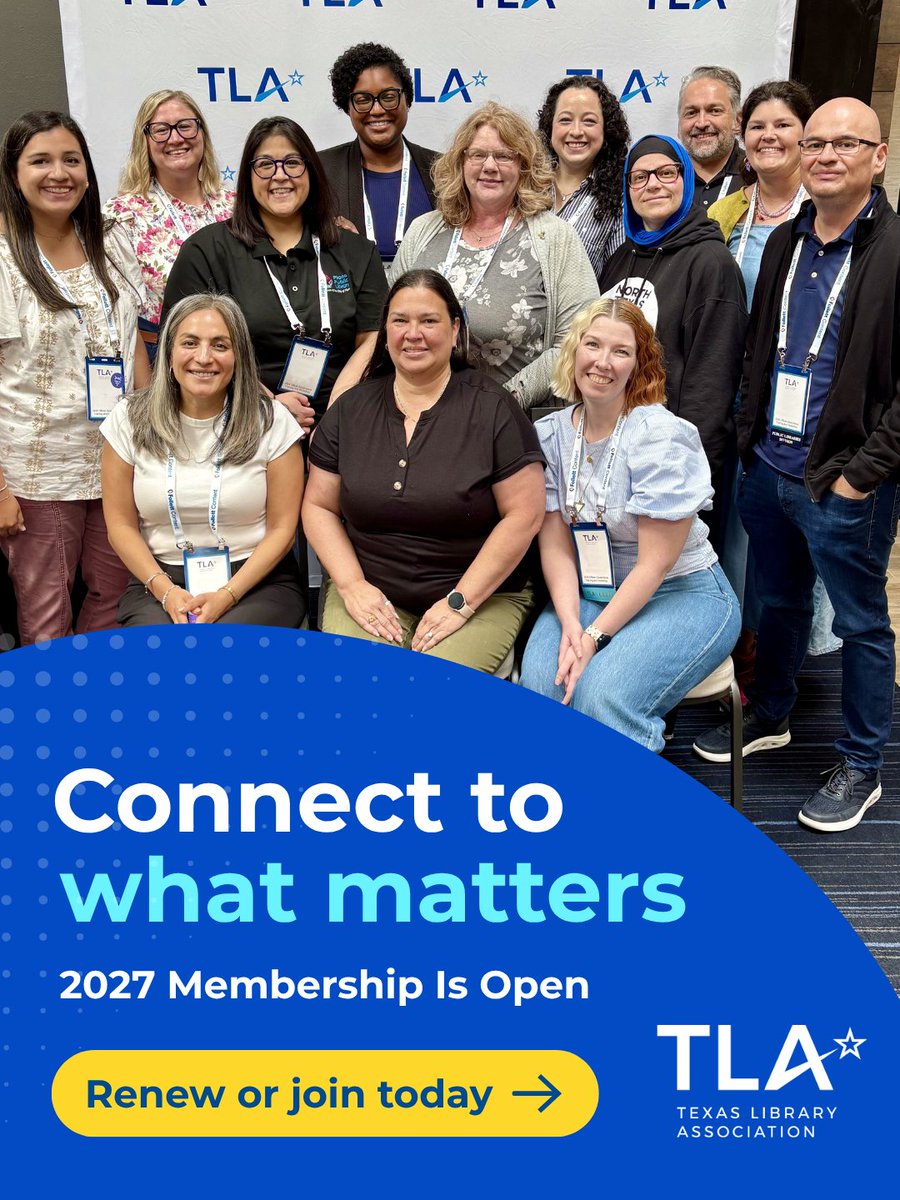 TXLA's tweet photo. Whatever your goals are for 2027, you don’t have to reach them alone.

TLA membership connects you with resources to grow, lead and bring new ideas to your library.

2027 membership is now open — renew or join today: https://t.co/qraAwxjVSV
#TXLibraries #TLAMember https://t.co/tDu0bqsPJQ