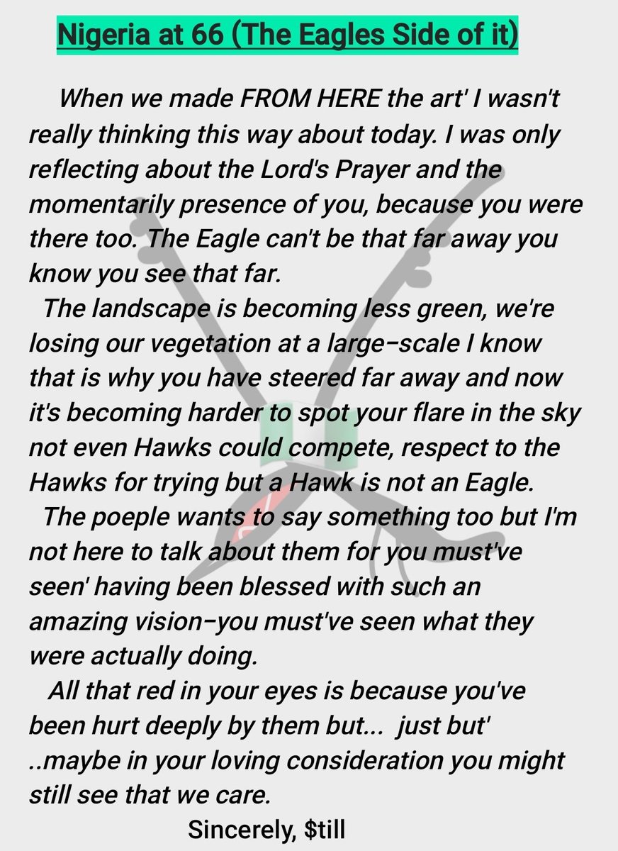 ArtbyStill's tweet photo. Title: Nigeria @ 66
(The Eagles Side of it)
   An art piece by yours truly... penned down this reflective piece as a pose to our nation's out scale today 
💚❤️‍🩹💚 
#still #Artbystill  #symbolicart #indepenceday #Nigeriaat66 #NaijaAt66 https://t.co/YXZqR9mNgE