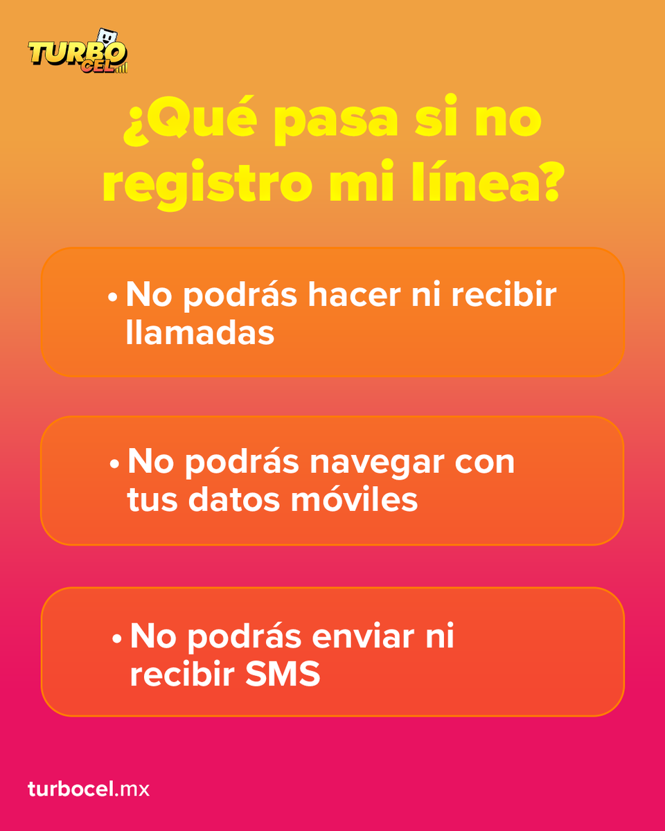 TurboCel_mx's tweet photo. No se te vaya a pasar el registro de tu línea. Si tu número termina en 4, el 15 de octubre es tu fecha límite 📲
No esperes hasta el último día, hazlo ahora. Es rápido y seguro.

Registra tu línea TurboCel: https://t.co/1396jWXajI

#TurboCel #RegistroDeLíneas https://t.co/sMhlTHMAq0