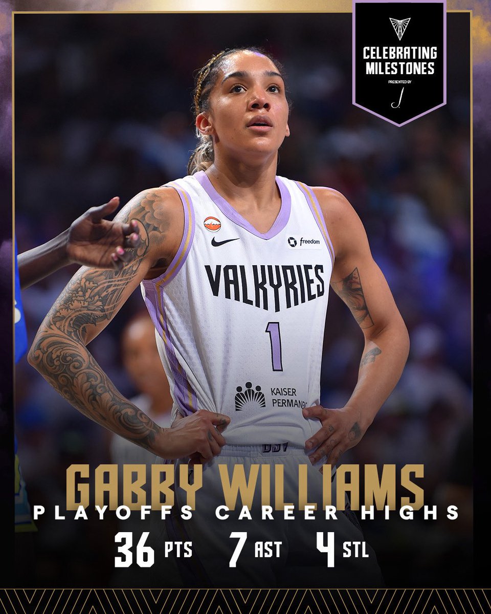 valkyries's tweet photo. Making big plays in big moments. ⚔️

Gabby Williams with playoff career highs across the board, alongside her highest scoring game in the WNBA.

@JWinery | Celebrating Milestones https://t.co/8ij0TUJjva