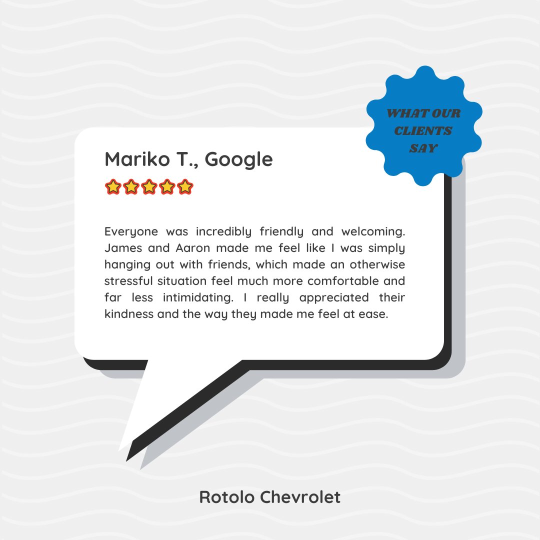 RotoloChevyCa's tweet photo. Thank you for your wonderful review, Mariko! We're glad James and Aaron made you feel welcomed and comfortable at Rotolo Chevrolet. We truly appreciate your kind words and look forward to seeing you again soon! https://t.co/uNnr9Tbxp7