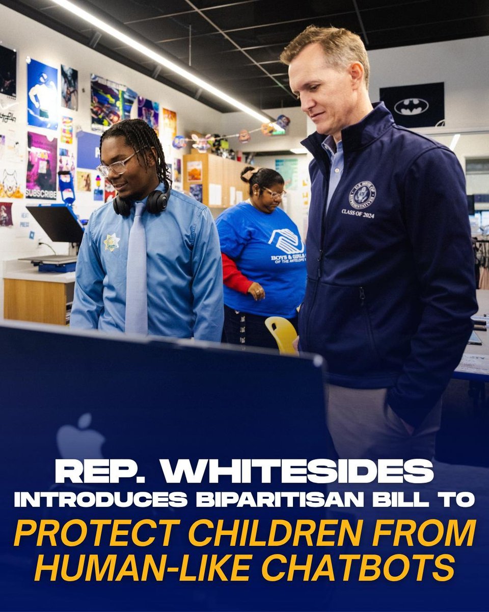 Rep_Whitesides's tweet photo. Today, I introduced the bipartisan Protecting Kids from Human-Like Chatbots Act to make sure AI chatbots interacting with children are explicitly designed to act as a tool, not a substitute for human relationships.

My bill would stop chatbots from pretending to be human, manipulating kids into staying online, or encouraging emotional attachments. It also keeps parents in control of these safeguards.

I’m proud to have bipartisan support from @RepMikeKennedy, @DorisMatsui, and @RepMMM, along with a broad coalition of organizations working to protect kids online.

Learn more about the bill and see our full list of endorsing organizations at: https://t.co/m1VfILKXjA
