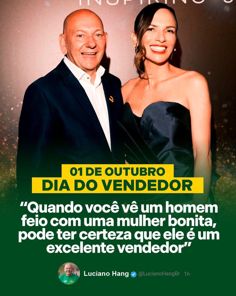 LucianoHangBr's tweet photo. Eu amo ser vendedor.

Hoje, dia 1º de outubro, é o dia daqueles que acordam cedo e vão para a luta com muito otimismo, carisma e simpatia, em busca de levar oportunidades para as pessoas. Daqueles que não desistem nos primeiros obstáculos, que são resilientes e correm atrás dos seus sonhos.

Eu sou vendedor até hoje. Mas, quando passei também a comprar, entendi ainda mais que o vendedor deve ser tratado da melhor forma possível. E, na nossa empresa, sempre prezamos muito por isso. Recebemos todos com um sorriso no rosto, respeito e atenção.

Eu acredito que, todos nós somos vendedores. Vendemos ideias, sonhos, projetos e oportunidades. E eu posso dizer com muito orgulho: eu amo ser vendedor!

E claro, nunca esqueço essa frase que um dia ouvi do meu amigo @marquinhos_malaquias: "quando você vê um homem feio com uma mulher bonita, pode ter certeza que ele é um excelente vendedor" kkkkk.

Parabéns a todos os vendedores pelo seu dia! Um abraço do Véio da Havan!

#VéioDaHavan #LucianoHang #Havan #Vendedor