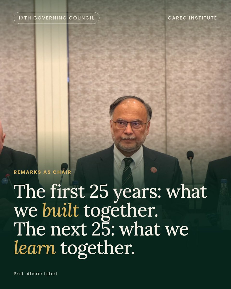 betterpakistan's tweet photo. Speaking at the Governing Council of the CAREC Institute in Ulaanbaatar, Mongolia, I emphasised that if the first 25 years of CAREC were about building roads, railways and physical infrastructure, the next 25 years must be about building shared knowledge, skills and know-how. 

The nations that move ahead in the coming era will be those that learn fastest—from their own experience and from the experience of others.

The CAREC Institute must evolve beyond being a traditional research institution into a trusted regional Knowledge Clearing House, ensuring that sound evidence and practical solutions are on the table before policies are made and decisions are taken.

For the Institute’s next phase, I proposed five priorities:

1. Establish a dynamic regional knowledge platform;
2. Provide evidence-based briefings ahead of ministerial decisions;
3. Promote structured peer learning among officials;
4. Turn shared challenges into actionable regional projects; and
5. Measure performance by real policy impact, rather than simply by the number of reports published.

As Pakistan assumes the CAREC Chairmanship in 2027, we will place knowledge exchange at the heart of our agenda. Pakistan is also ready to share successful models—including the Pakistan Single Window (PSW) — with partners across the region.

#CAREC #CARECInstitute #GoverningCouncil #KnowledgeClearingHouse #KnowledgeEconomy #PolicyMaking #RegionalCooperation #PeerLearning #PakistanSingleWindow #URAANPakistan