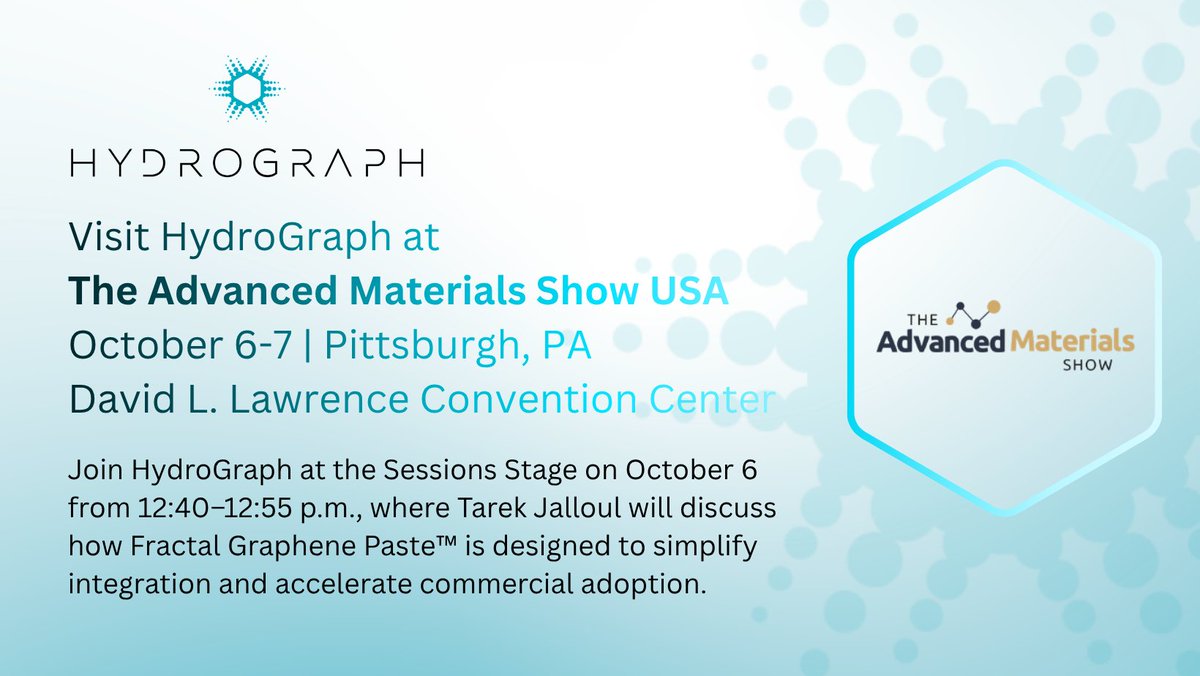 HydroGraphInc's tweet photo. HydroGraph ($HG | $HGRAF) is bringing Fractal Graphene Paste™ to The Advanced Materials Show USA on Oct. 6.

Tarek Jalloul will present how HydroGraph’s 20% graphene dispersion is designed to simplify integration into commercial applications.

📖 https://t.co/NMHM2xIqMc https://t.co/AJEvZE243h