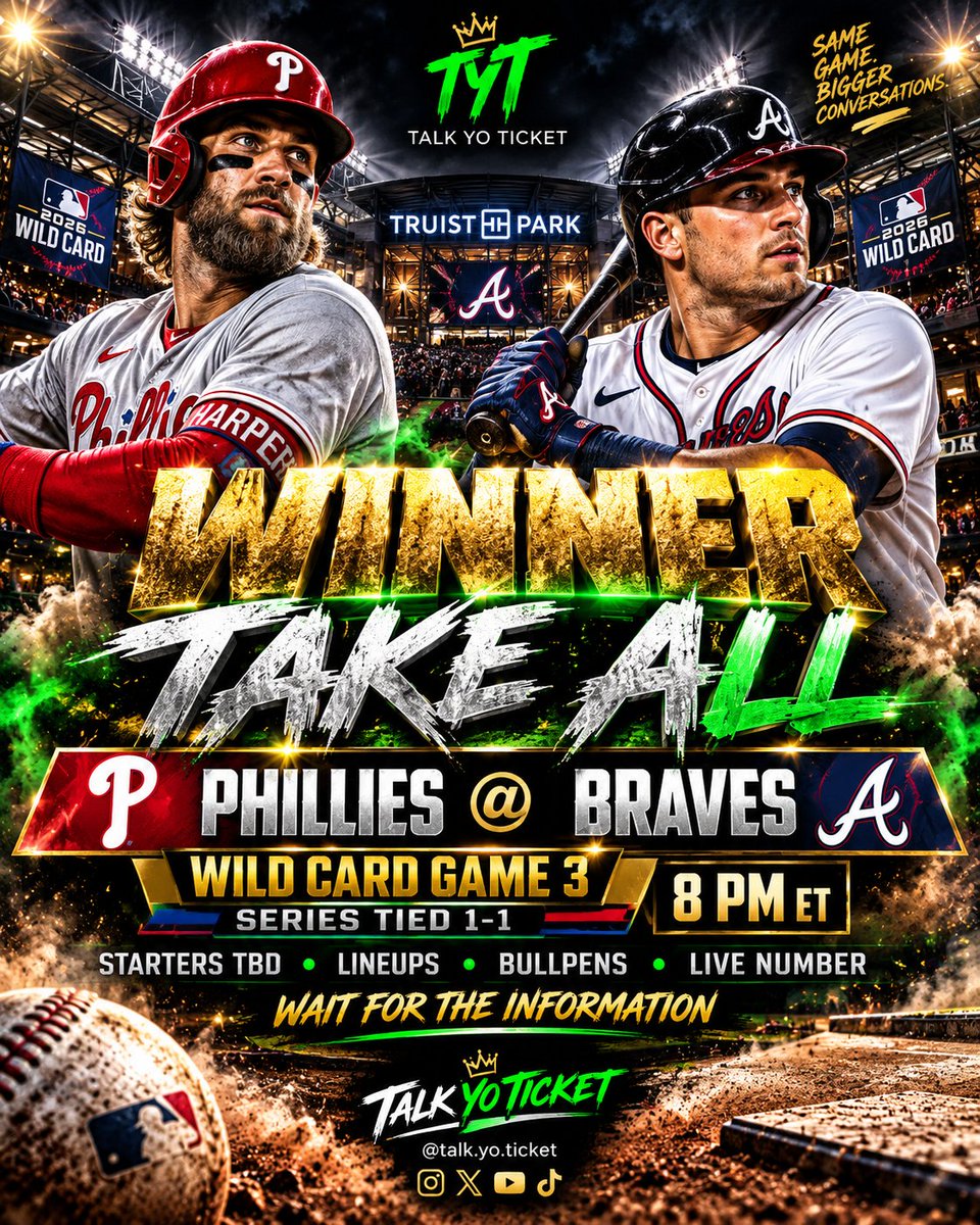 Talk_Yo_Ticket's tweet photo. ONE GAME. ONE WINNER. βΎπ₯
Phillies @ Braves β 8 PM ET.
Wild Card Game 3. Series tied 1β1.
Before anything gets built:
starter confirmation β’ lineups β’ bullpens β’ matchup β’ live number
WAIT FOR THE INFORMATION. π
#TalkYoTicket #MLBPlayoffs https://t.co/v9mFlU4wel