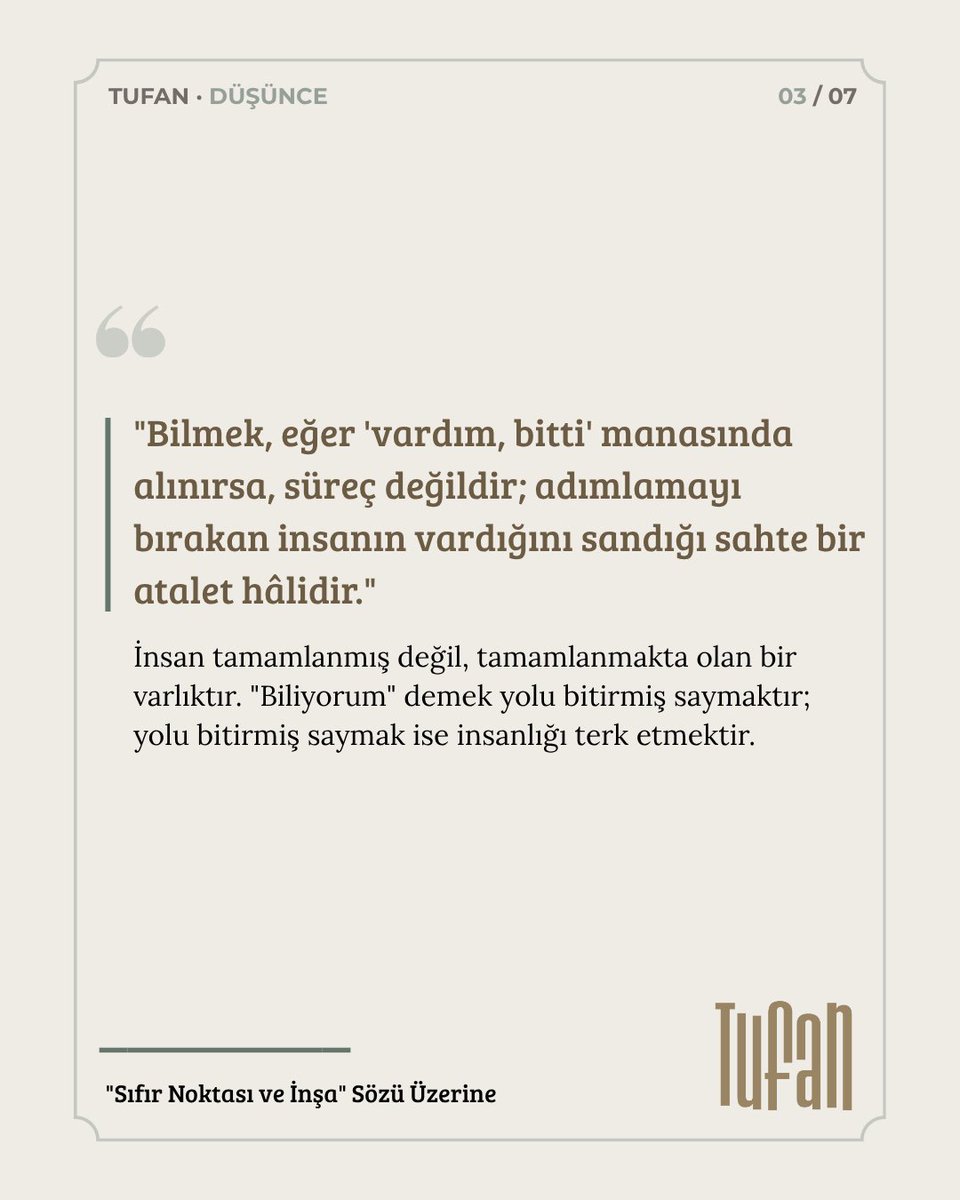 TufanDergisi's tweet photo. "Kendi dimağında muhkem bir mimari kurmadıkça, başkasının binasına ancak kiracı olabilirsin."
Cevat Çağatay Şentürk ile "Sıfır Noktası ve İnşa" üzerine zihinsel bir sorgulama: Taklitten hakikate, bilmekten olmaya giden yol Tufan’da.

 🔗 Okumak için profilimizdeki linke tıklayın. https://t.co/cwsQPiJ3l1