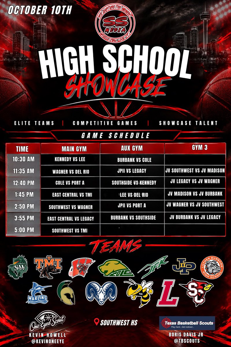 SSports_Media's tweet photo. @SSports_Media #HSShowcase
Schedule locked. Teams locked. 
Players READY.

The High School Showcase schedule is officially set: October 10th at Southwest HS — and every squad is coming in with something to prove.
@SWDragonHoops @_ECBBasketball @swisd_swlbbball @LeeVolsHoops 
@RGC_BBasketball @PortAransasBB @SAMadisonHoops @JFKbball @WagnerboysBball @TMIPanthersAD @AG_Anderson33 @Burbankbball @Hoops_Southside @JP2_CHS Del Rio

Elite matchups. Full day of hoops. Talent on display from across the city.
It’s SHOWTIME.
@KevinOneEye @GASOTim
@WEOVERME210 @Jewlzonthemic 
@jayfrye @AlamoCityHoops1 
🔴⚫️ #HighSchoolShowcase #SuperSportsMedia #WeCaptureTheMoment