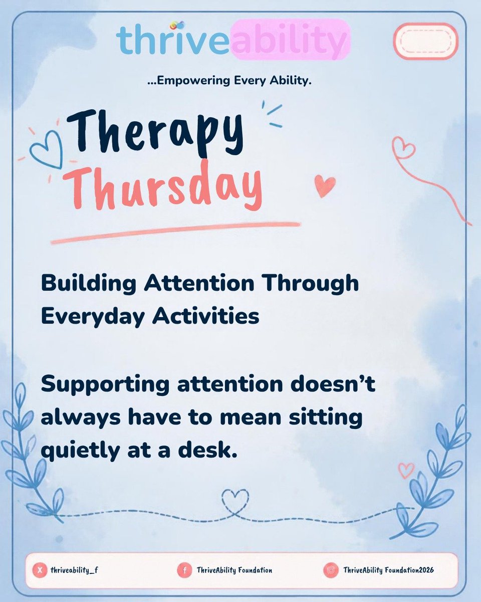 thriveability_f's tweet photo. Small moments of focused play can become big steps toward better attention. Discover simple ways to make learning engaging and purposeful. 🎯💙

#TherapyThursday #ADHDAwareness #AttentionSkills #ChildDevelopment #DisabilitySupport https://t.co/btigxqrzP3