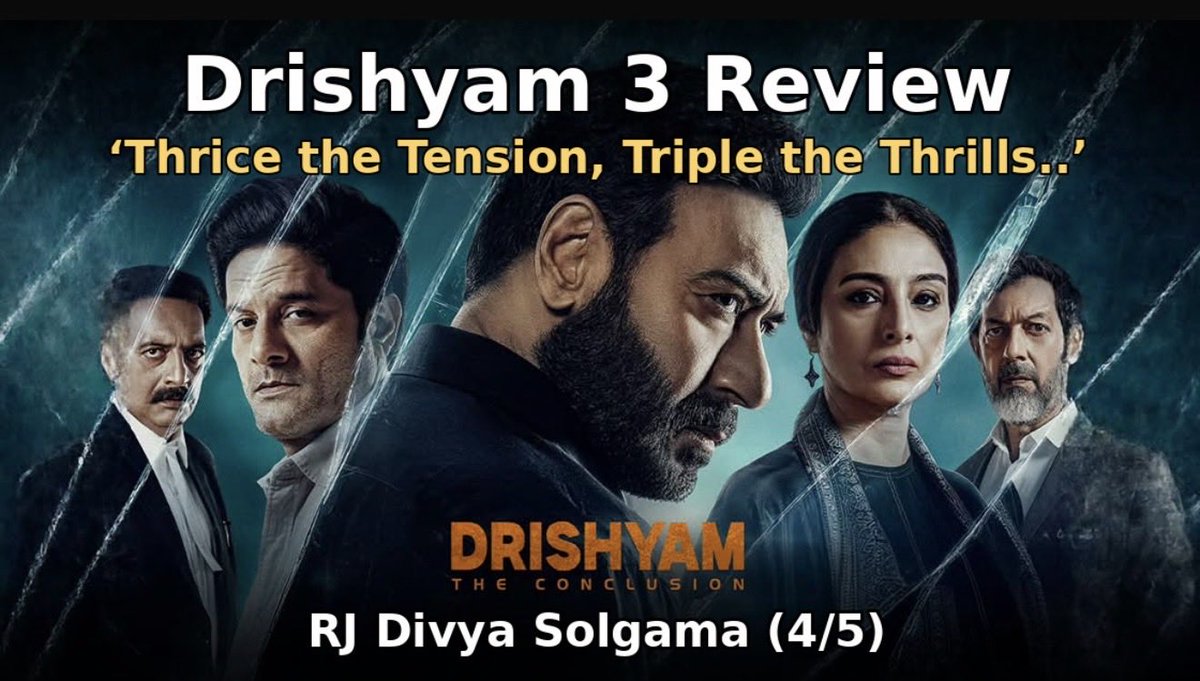 DIVYASOLGAMA's tweet photo. #Drishyam3

‘Thrice the Tension, Triple the Thrills..’

What started as an official Hindi remake of a Malayalam film has evolved into an extraordinary franchise. From 2nd October memes to pav bhaji and satsang, the Salgaonkar family has won over audiences nationwide. After two massive hits, Drishyam 3 arrives with sky-high expectations and successfully delivers a thriller that fully satisfies fans.

The Setup: Picking up after the events of Drishyam 2, Meera (Tabu) and Mahesh Deshmukh (Rajat Kapoor) remain relentless in their pursuit of justice for their son. They join forces with a sharp Crime Branch SP, played by Jaideep Ahlawat, and hire a top-tier lawyer, played by Prakash Raj, to finally put Vijay Salgaonkar (Ajay Devgn) and his family behind bars.

The story takes its time to set up initially, but kicks into high gear with impactful introductions for Jaideep Ahlawat and Kamlesh Sawant (reprising his iconic role as Gaitonde). The interrogation sequences, the high-stakes face-off between Jaideep and Ajay, and the interval block are solid. While the pace dips slightly in places, the second half transforms into a high-speed thriller featuring an engaging courtroom drama. The final 30 minutes deliver an avalanche of twists and turns that give audiences exactly what they hoped for. The sub-track involving the judge is a bit weak, but easily negligible.

Director Abhishek Pathak departs slightly from the original Malayalam narrative path to craft an independent, highly engaging version that lands effectively.

#AjayDevgn is brilliant as always, anchoring the film effortlessly as Vijay Salgaonkar. #JaideepAhlawat delivers an outstanding performance, matching Ajay step-for-step. #Kamlesh Sawant and #PrakashRaj deliver strong, impactful performances. #ShriyaSaran, #Tabu, #RajatKapoor, and #IshitaDutta provide reliable, high-quality support.

Drishyam 3 delivers thrice the tension and thrice the thrills, offering a thoroughly satisfying continuation of the saga. A must-watch for fans of the franchise.

RJ #DivyaSolgama (4/5)

@ajaydevgn @JaideepAhlawat @PanoramaMovies @AbhishekPathakk @KumarMangat @Sriya_Saran