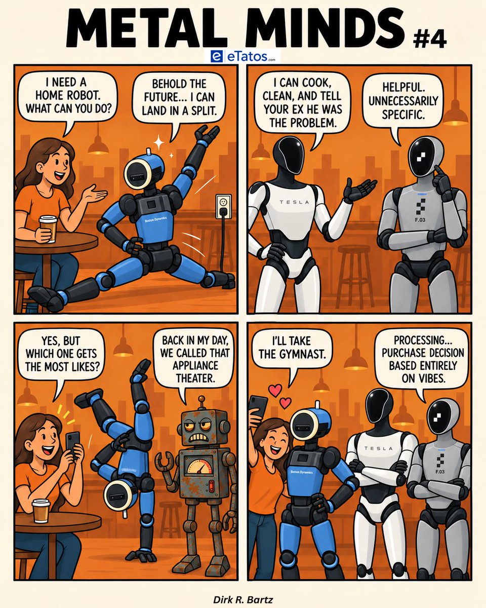 DirkBartz's tweet photo. A customer wants a home robot. Optimus brings the feature list. Atlas brings a demonstration. Figure listens to the requirements.

Metal Minds #4: Purchase Criteria.

The sales meeting is about to get interesting. 

#MetalMinds #eTatos https://t.co/iMeVsQZNH5