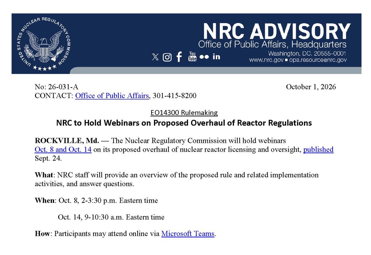 NRCgov's tweet photo. 🗓️ #NRCAdvisory: We've scheduled two webinars Oct. 8 and 14 to discuss our proposed overhaul of nuclear reactor licensing and oversight. https://t.co/kAqbhcZpLB https://t.co/PfusXcZ3O9