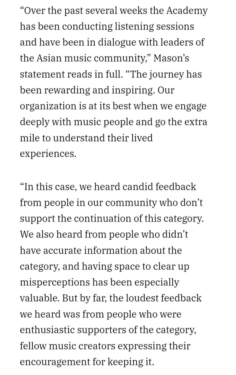 amlysbang's tweet photo. Two months later, and Harvey Mason Jr. is STILL trying to do damage control for this category, and somehow, we're still not getting an answer to the most fundamental question: what the hell does Asian Pop even mean?

He talks about clearing up “misconceptions” surrounding the category. what misconceptions, exactly? can he PLEASE be specific? because the criticism has been very clear from the beginning. Asian is a continent, not a music genre. so why is pop music being defined and separated by geography in the first place? why is language being used as a criterion to distinguish an entire category of music?

and instead of addressing these very valid questions, we're being served another statement about representation, community engagement and how this is supposedly the right decision for the music community.

but representation for whom? because a category cannot claim to represent an entire continent when so many of the people it's supposedly representing do not feel represented by it. and when the biggest asian musician in the world has also expressed that this isn't how they want their music to be categorized, perhaps the problem isn't a lack of understanding among critics. perhaps the problem is the category itself.

you cannot manufacture a narrative of representation to justify segregation. you cannot put artists into geographical and linguistic boxes, separate them from the mainstream, and then expect everyone to celebrate it as progress.

i already know they'll continue pushing this narrative, and we'll see how the category unfolds in 2027. but two months later, harvey mason jr. still hasn't answered the question that matters most: why does asian need to be a genre-specific qualifier for pop music?

because asian is not a genre. and calling segregation representation does not make it any less segregation.

#ArtHasNoAliens
