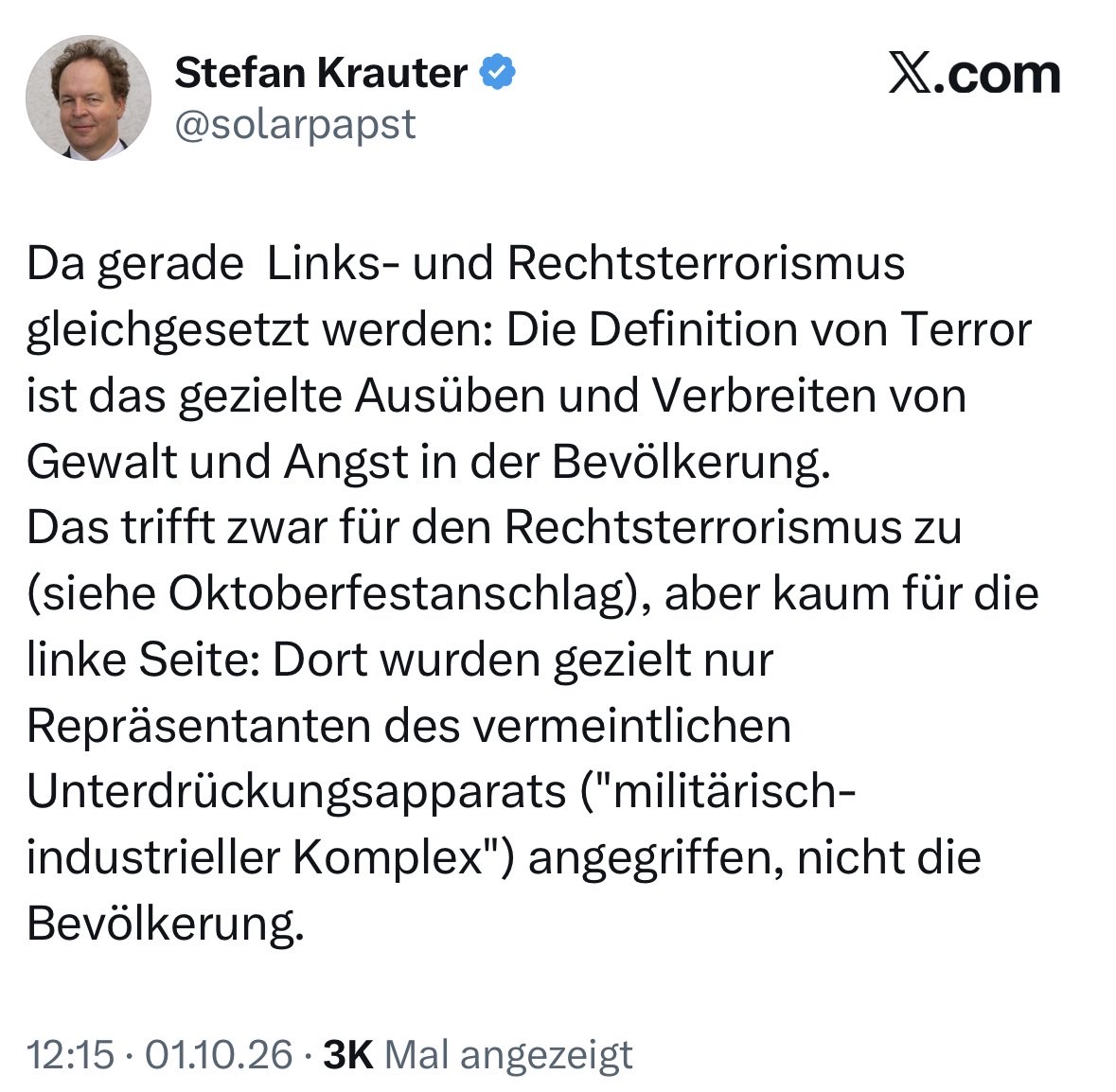 queru_lant's tweet photo. Für den selbsternannten @solarpapst war die linksextreme Terrorgruppe RAF harmlos, die haben ja „NUR“ Repräsentanten und nicht die Bevölkerung ermordet. Bei solchen linksgrünen Menschenfeinden wird mir nur noch schlecht.

Stefan Krauter ist deutscher Ingenieur, Professor und Unternehmer im Bereich erneuerbare Energien, speziell Photovoltaik.